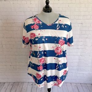 AMAZON SIZE 24 SHORT SLEEVE BLOUSE, V NECK WHITE, BLUE, PINK FLORAL